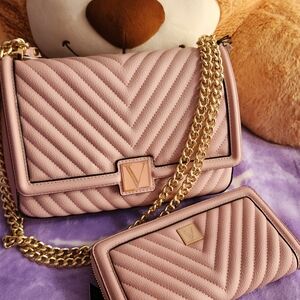 Victoria's Secret Blush Pink Quilted Crossbody with Gold Chain & Wallet